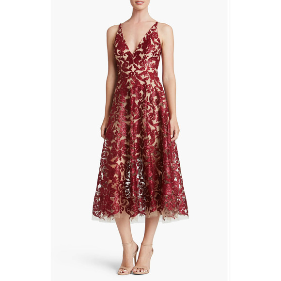 Dress the Population Blair Embellished Fit & Flare Dress in Red Berry Size L NWT - Picture 1 of 6